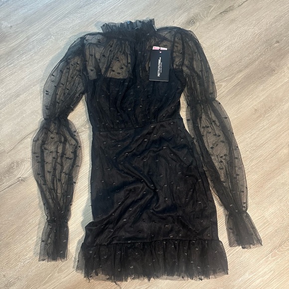 PrettyLittleThing Dresses & Skirts - PrettyLittleThing Black Dress with Mock Neck and Bishop Sleeves size 2 ❤️‍🔥